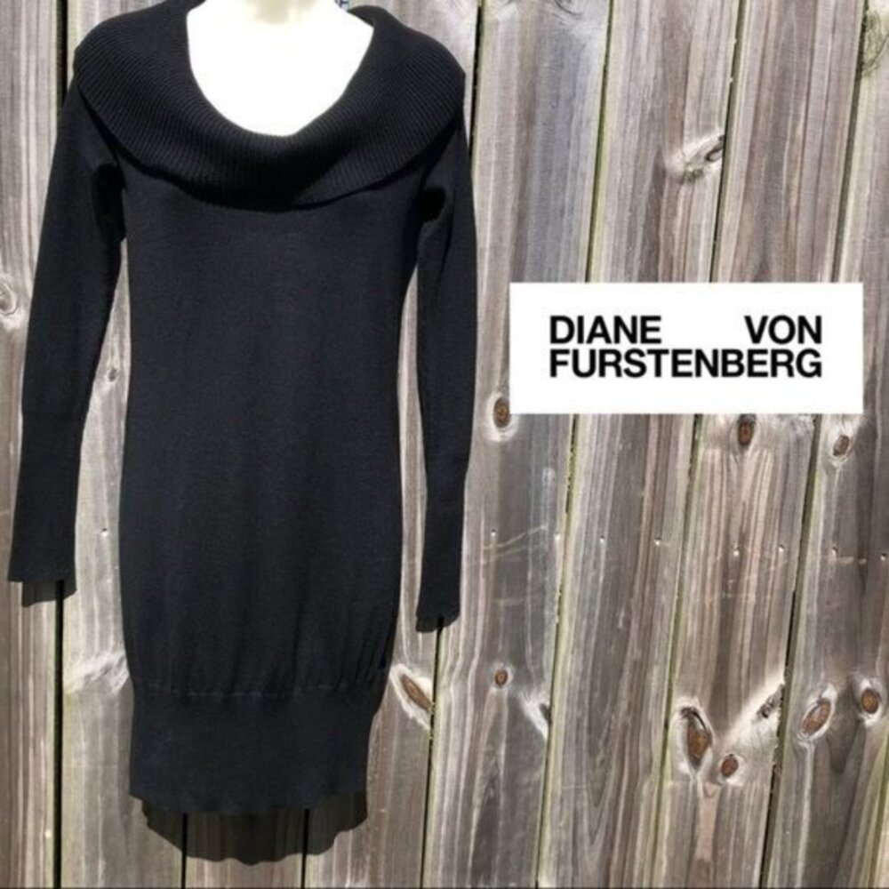 Diane Von Furstenberg Wool Dress Petite Mini Long Sleeve Ribbed Cowl Turtleneck